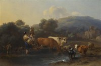 Картина автора Берхем Николас под названием Peasants with Cattle fording a Stream