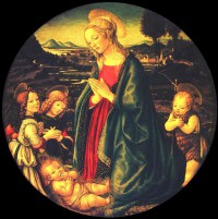 Картина автора Боттичелли Сандро под названием Virgin adoring the child, surrounded by St. John the Baptist and two angels