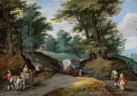 Картина автора Брейгель Младший Ян под названием Wooded Landscape with Horses and Carts  				 - Лесной Пейзаж с лошади и повозки
