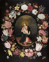 Картина автора Брейгель Младший Ян под названием Мадонна с младенцем и Святым духом в обрамлении венка из цветов