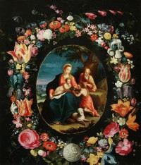 Картина автора Брейгель Младший Ян под названием Святое Семейство с Иоанном Крестителем в обрамлении в виде венка из цветов