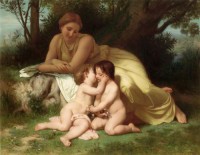 Картина автора Бугеро Вильям-Адольф под названием Jeune Femme Contemplant Deux Enfants Qui Sembrassent