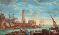 Картина автора Верне Клод Жозеф под названием Sydländsk hamnbild med figurer och båtar.