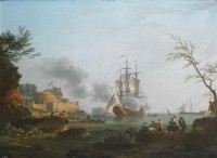 Картина автора Верне Клод Жозеф под названием The entrance to a harbor with a ship firing a salute