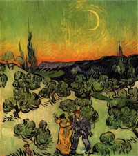 Картина автора Винсент Ван Гог под названием Landscape with Couple Walking and Crescent Moon