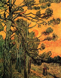 Картина автора Винсент Ван Гог под названием Pine Trees against a Red Sky with Setting Sun