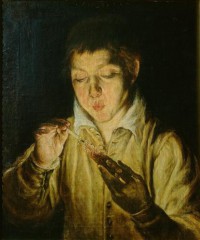 Картина автора Греко Эль под названием A Boy Blowing on an Ember to Light a Candle  				 - Мальчик, дующий на тлеющие угли, чтобы разжечь свечу