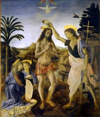 Картина автора да Винчи Леонардо под названием Battesimo di Cristo  				 - Крещение Христа