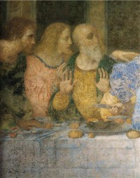 Картина автора да Винчи Леонардо под названием Ultima cena. Bartholomaeus, Iacobus Minor, Andreas.  				 - Тайная вечеря. Деталь. Фигуры слева
