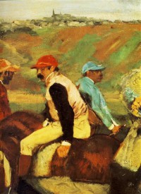 Картина автора Дега Эдгар под названием Le Champs de courses, Jockeys amateurs pres d'une voiture