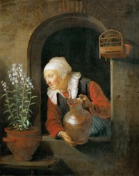 Картина автора Доу Герард под названием An elderly woman watering flowers  				 - Пожилая женщина, поливающая цветы