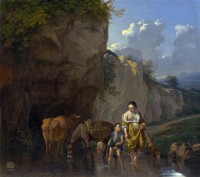 Картина автора Дюжарден Карел под названием Домашние  животные  с  мальчиком  и  пастушкой