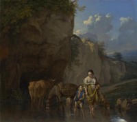 Картина автора Дюжарден Карел под названием A Woman and a Boy with Animals at a Ford