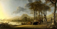 Картина автора Кейп Алберт под названием Landscape with a herd, the rider and the peasants  				 -  Пейзаж со стадом, всадником и крестьянами