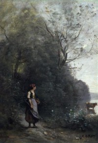 Картина автора Коро Жан Батист Камиль под названием Крестьянская девушка пасёт корову в лесу