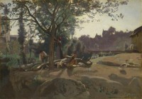 Картина автора Коро Жан Батист Камиль под названием Peasants under the Trees at Dawn