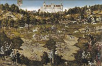 Картина автора Кранах Старший Лукас под названием Оленья охота в честь короля Карла V близ замка в Торгау