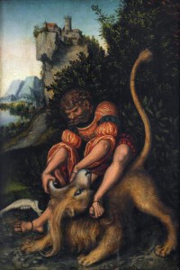 Картина автора Кранах Старший Лукас под названием Самсон, раздирающий пасть льва