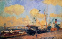 Картина автора Лебург Альберт под названием Steamers and Barges in the Port of Rouen, Sunset  				 - Пароходы и баржи в порту Руана на закате