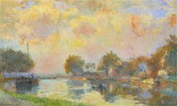 Картина автора Лебург Альберт под названием The Banks of the Canal at Charenton, Sunny Autumn Afternoon  				 - Берег канала в Шарантоне, солнечный осенний день