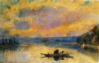 Картина автора Лебург Альберт под названием The Ferry at Bouille, Sunset  				 - Переправа через Буйе на закате