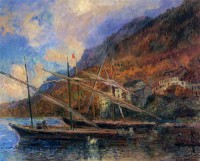 Картина автора Лебург Альберт под названием Boats by the Banks of Lake Geneva at Saint-Gingolph  				 - Лодки на берегу Женевского озера в Сен-Жингольф