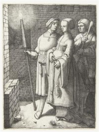 Картина автора Лейден Лукас под названием Молодой человек с факелом, женщина и дурак