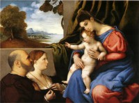 Картина автора Лотто Лоренцо под названием Madonna col bambino e due donatori