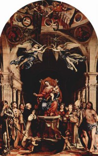 Картина автора Лотто Лоренцо под названием Altarpolyptychon von San Bartolomeo in Bergamo, Haupttafel - Thronende Madonna, Engel und Heilige, links - Alexander von Bergamo, Barbara, Rochus