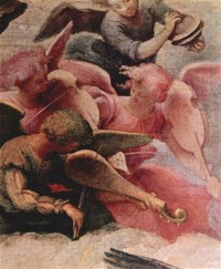 Картина автора Лотто Лоренцо под названием Thronende Madonna, Engel und Heilige, links Hl. Katharina von Alexandrien, Hl. Augustinus, rechts Hl. Sebastian, Hl. Antonius Abbate