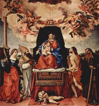 Картина автора Лотто Лоренцо под названием Thronende Madonna, Engel und Heilige, links- Hl. Katharina von Alexandrien, Hl. Augustinus, rechts - Hl. Sebastian, Hl. Antonius Abbate