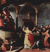 Картина автора Лотто Лоренцо под названием Altare di Santa Lucia, Tavola- Santa Lucia davanti al giudice