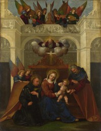 Картина автора Мадзолино Лудовико под названием The Holy Family with Saint Nicholas of Tolentino