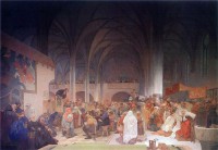 Картина автора Мариа Муха Альфонс под названием Проповедь Яна Гуса в Вифлеемской капелле