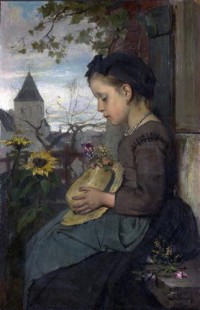 Картина автора Марис Якоб под названием Девушка, сидевшая за пределами у дома