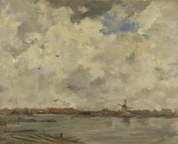 Картина автора Марис Якоб под названием A Windmill and Houses beside Water - Stormy Sky