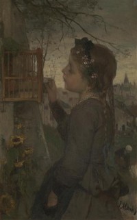 Картина автора Марис Якоб под названием A Girl feeding a Bird in a Cage