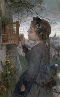 Картина автора Марис Якоб под названием Девушка кормит птицу в клетке