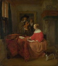 Картина автора Метсю Габриель под названием A Woman seated at a Table and a Man tuning a Violin