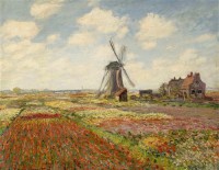 Картина автора Моне Оскар Клод под названием Fields of Tulip With The Rijnsburg Windmill  				 - Поля тюльпанов с мельницей в Рийнсбурге