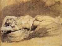 Картина автора Репродукции под названием Académie d'homme couché, Academy of man lying  Craie noire et blanche sur papier bleu