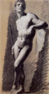 Картина автора Прюдон Пьер Поль под названием Académie d'homme debout, appuyé  Craie noire et blanche sur papier bleu