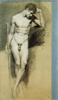 Картина автора Прюдон Пьер Поль под названием Académie d'homme debout  Craie noire et blanche sur papier bleu