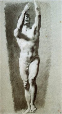Картина автора Репродукции под названием Académie d'homme de face, les bras levés  Craie noire et blanche sur papier bleu