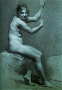 Картина автора Прюдон Пьер Поль под названием Académie de femme, assise, les bras levés  Craie noire et blanche sur papier bleu