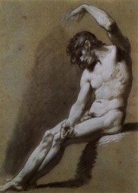 Картина автора Прюдон Пьер Поль под названием Académie d'homme nu, assis, Academy of naked man, sitted  Craie noire et blanche sur papier bleu