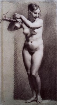 Картина автора Прюдон Пьер Поль под названием Académie de femme nue debout, les bras appuyés à une branche  Craie noire et blanche sur papier bleu