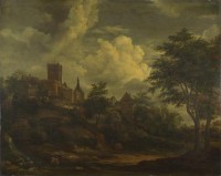 Картина автора Рёйсдал Якоб Исаакс под названием A Castle on a Hill by a River