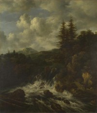 Картина автора Рёйсдал Якоб Исаакс под названием A Landscape with a Waterfall and a Castle on a Hill