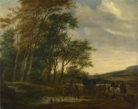 Картина автора Рейсдаль Саломон под названием A Landscape with a Carriage and Horsemen at a Pool